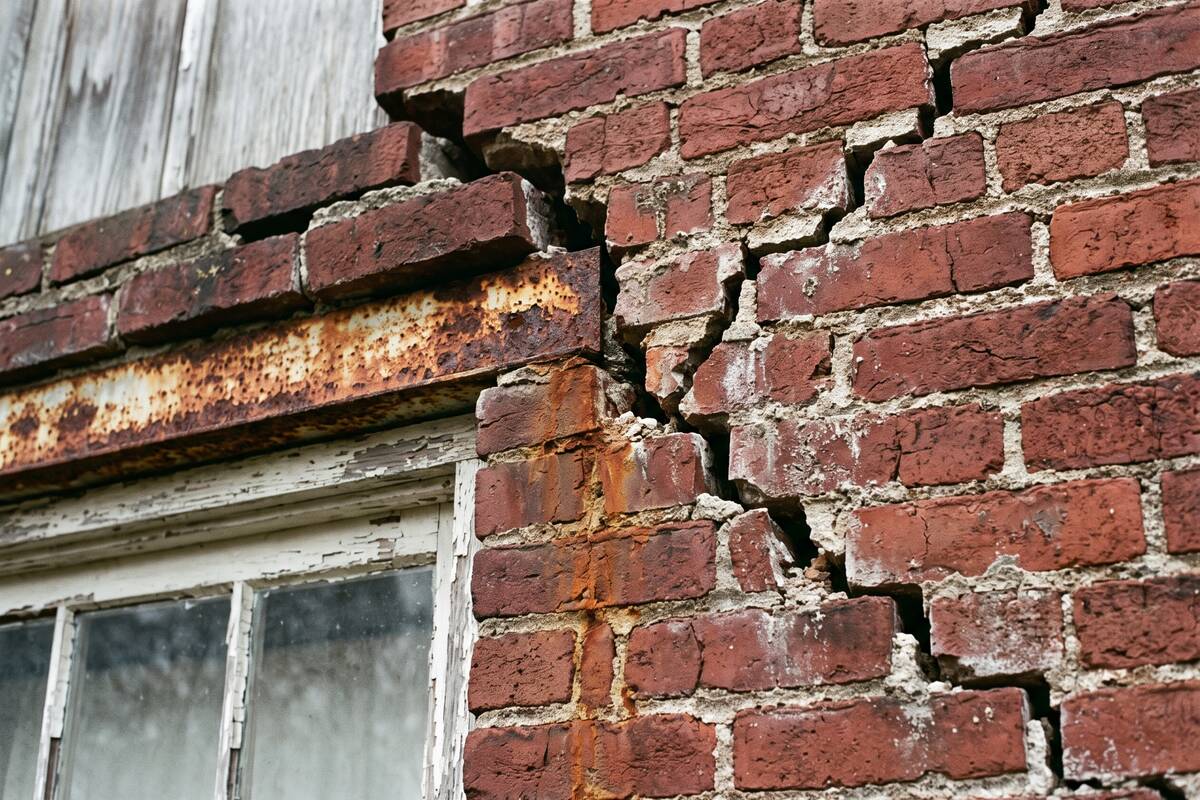 A stair-step crack in a brick wall above a window with a rusted steel lintel